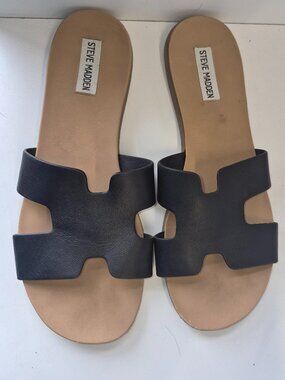 Steve Madden Hadyn Black Leather Slide Sandals Size 10
